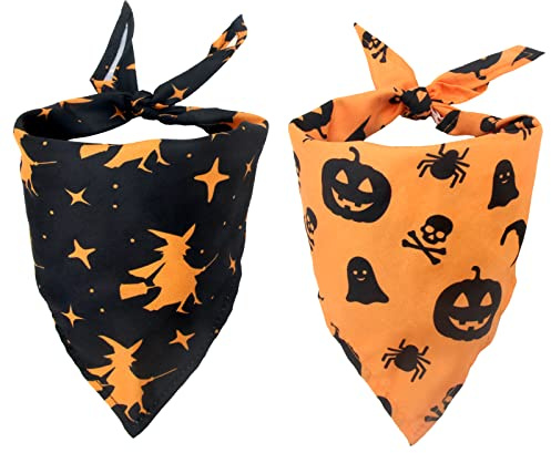 Hundehalstuch Halloween, 2 Stück, waschbar, Hexe Kürbis-Muster, verstellbares Dreieck, für kleine, mittelgroße und große Hunde