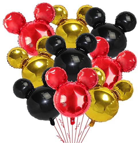 9Pack Mouse Party Foil Balloons, 27” Black Red Yellow Balloons for Cartoon Mouse Party, Baby Shower, Kids Birthday Theme Party Decoration Supplies