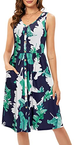 OUGES Damsommarklänning ärmlös V-ringad midiklänning med knappar och fickor, Floral02, S