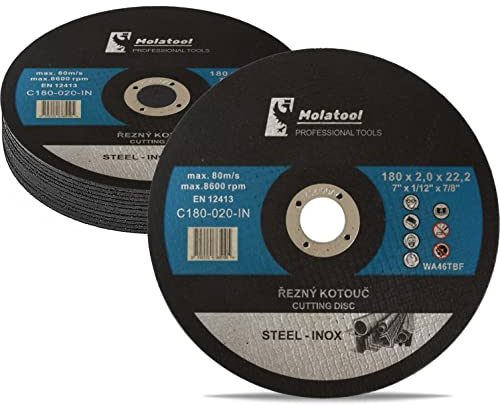 Molatool Discos de corte profesionales 180 x 2,0 x 22,2 mm, 10 unidades, para metal, acero, acero inoxidable/acero inoxidable, paquete de 10 unidades