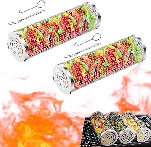2 Stück Grillkorb Zylindrisch, Rolling Grillkorb Edelstahl Grill Korb mit Griff, Grillkorb Grill Rack für Außengrill Gemüse, BBQ Grillhalter Grill Zubehör für Pommes Fisch Garnelen Camping (L)