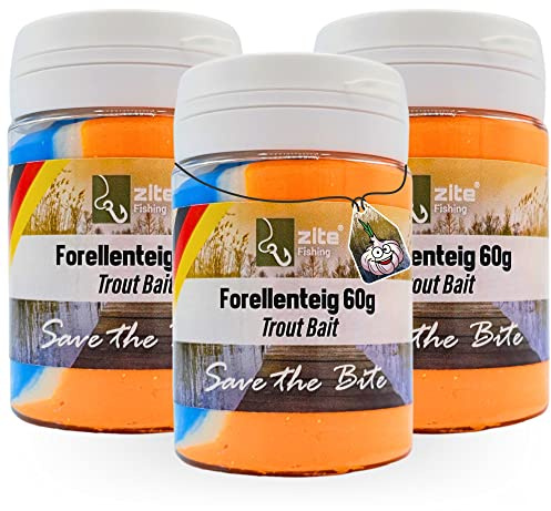 Zite Fishing Forellenteig-Set mit Knoblauch-Aroma 60g – Fängige Forellenpaste Schwimmend als Forellenköder Neuheiten – Trout Bait Teigköder in knalligen Neonfarben mit Glitter - 3 Stück Forellen Köder