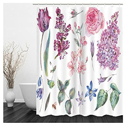 Whoiy Duschvorhang Lila Blumen, Badvorhang 165X200cm Polyester Shower Curtains Frische Blumen Rosa Waschbar Wasserdicht