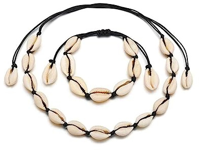 Rrdaily 2Pcs Natural Shell Choker Necklace Bracelet Set for Women,Handmade Adjustable Conch Necklace Bracelet Beach Jewelry Gift (Black)