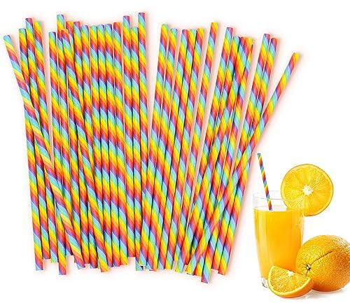 100 Pcs Rainbow Straws, 7.76 inch Disposable Paper Drinking Straw Rainbow Striped Paper Straws for Pride Party Supplies Birthday Wedding Anniversary Christmas