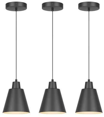 Aoceley Industrial Pendant Lights, Black Pendant Light Fixtures, Vintage Kitchen Island Light with Black Metal Shade, Farmhouse Pendant Lights for Dinning Table Bedroom Bar - Black, 3 Packs
