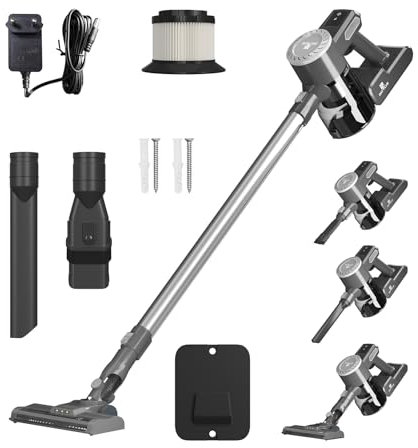 Akku Staubsauger, 20000Pa Staubsauger Kabellose, Leicht Kabelloser Staubsauger mit 2 Saugmodi, Wandhalterung & LED Bürste, Cordless Vacuum Cleaner, Akkusauger Kabellos für Hartböden Teppich Tierhaare