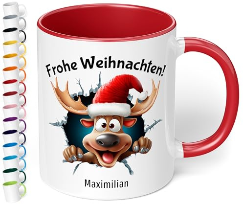 True Statements Weihnachtstasse mit Namen personalisiert „Frohe Weihnachten!“ - mit 3D Rentier-Motiv - 330ml Keramik Kaffeebecher mit Spruch – Geschenk für Kollegen & Familie (Rot)