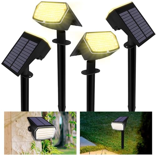 BELLALICHT Solarlampen für Außen 65 LED [4er-Pack Warmweiß 3000K] Solarstrahler Wasserdicht Solar LED Strahler Gartenleuchten Solarleuchten für Garten Weg Hof Garage