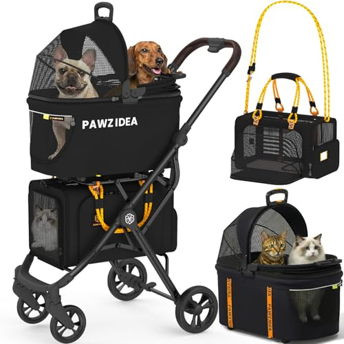 PAWZIDEA Double Pet Stroller with 2 Detachable Carrier, Lightweight Portable Travel Crate & Car Seat Combo & TSA-Approved Expandable Carrier, Foldable Jogger Stroller for 2–4 Cats or Small/Medium Dogs