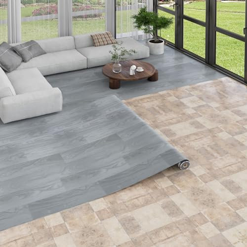 Oxdigi Sol en PVC, aspect bois, vinyle, pour salon, cuisine, balcon, caravane, salle de rangement, découpable, revêtement de sol en vinyle imperméable, gris
