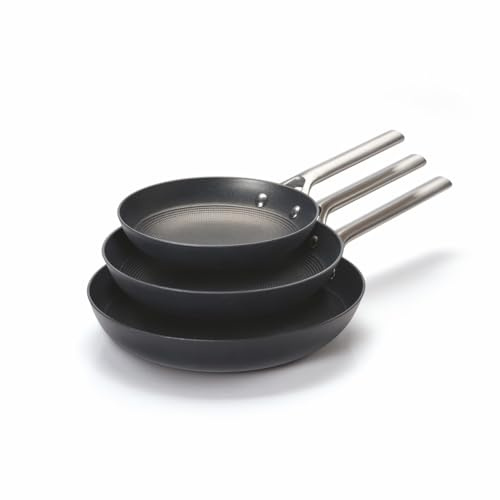 Qdesign - Set di 3 padelle smaltate in ghisa da 20 + 24 + 28 cm – Manico in acciaio inox – Struttura a nido d'ape antiaderente senza PFOA – Antifuoco – Nero