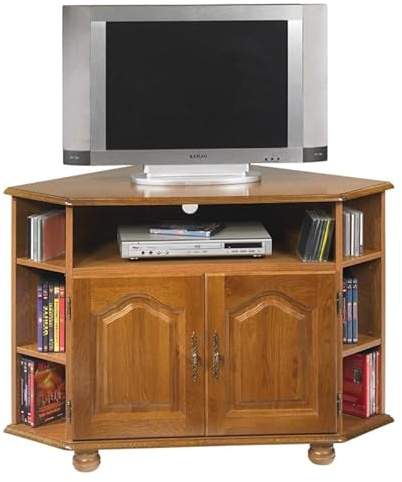 Meuble TV d'angle 42 Pouces Chêne 9 Niches 2 Portes L 114 H 77 P 77 cm