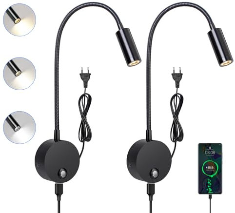 ERWEY 2 pezzi lampada da lettura a parete, lampada da parete LED touch dimmerabile 3 modalità di temperatura colore, lampada da letto a collo d'oca con porta di ricarica USB per camera da letto, nero