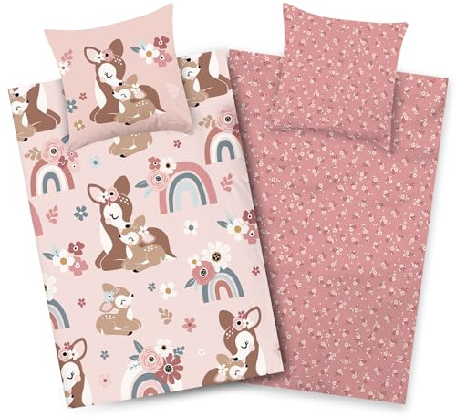 Aminata kids Bettwäsche 135x200 Baumwolle Kinder Mädchen REH-Kitz Waldtiere Tier-Motiv mit Regenbogen rosa braun YKK Reißverschluss