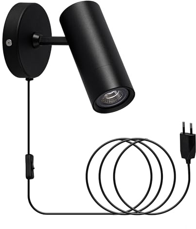 Aisilan Wandlampe Innen mit Stecker Schwarz mit GU10 LED Leuchtmittel Moderne Wandleuchte mit Schalter und Kabel Drehbar 350° Wandstrahler Vintage Wandspot für Schlafzimmer Wohnzimmer Treppenhaus