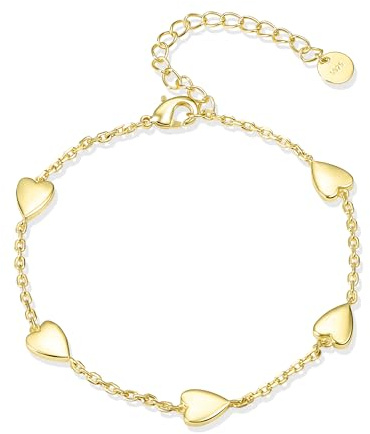 ASH'S CHOICE Kvinnors guldarmband Hjärta, Armband Hjärtkedjor Guld, 14K äkta guldpläterade justerbara armband Hjärta Charm Anklet 925 Sterling Silver Vänskapsarmband Guldkedjor Kvinnor Kvinnor