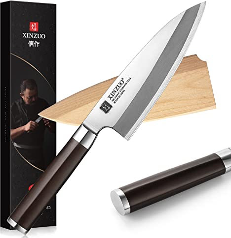 XINZUO 18cm Deba Messer Edelstahl X8Cr14MoV, Japanisches Sashimi Sushi Messer Einzelfase Klinge- Kochmesser Profi Fischmesser Ebenholzgriff -mit Scheide aus Birkenholz