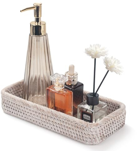 Rattan Badezimmer Tablett, Toilettentank Korb, Gewebter Badezimmer Aufbewahrungskorb zum Organisieren und Dekoration (Weißwäsche, 26 x 12.5 x 4 cm)