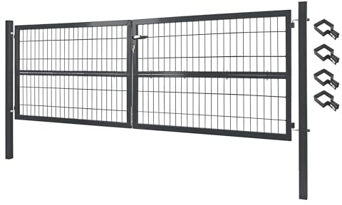 V2Aox Cancello da giardino 300 x 100 cm, doppia anta in metallo, porta da giardino per asta e recinzione, con serratura, include paletti grigi