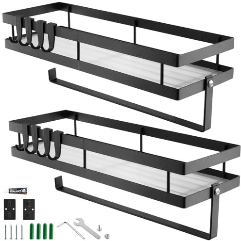 MUKSEUT 2 PCS Black Spice Rack Wall Mounted, Spice Rack with Paper Towel Holder Roll and Hooks, Mental Kitchen Spice Organizer for Kitchen Bathroom, 35x12x5.7 cm