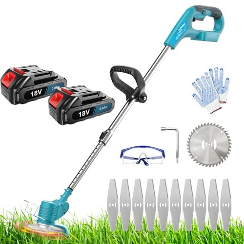 Akku-Rasentrimmer, Ersatz für Makita 18V DUR181Z, kompatibel mit Makita BL1830B Akku, mit 2x3000mAh Akku und Ladegerät,Verstellbarer Teleskop-Führungsholm