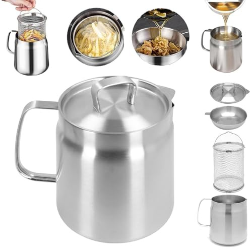 Msiud Bacon Grease Container, 2L 304 Stainless Steel Oil Strainer Pot, Oil Storage Can Container with Fine Mesh Strainer Dust Proof Lid, Non Slip Tray for Frying, Bacon Fat Storage