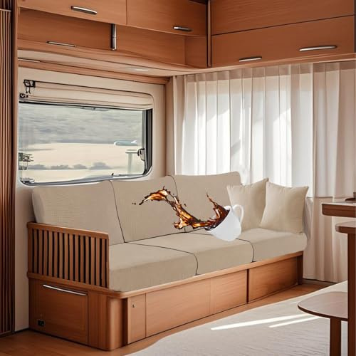 SYLC Wasserdicht Bezüge Für Wohnwagenpolster, Ersatzbezug Für Wohnwagen Polster rutschfest Mit Gummiband Und Schnürung Sofa Sitzkissenbezug (Beige,W 50-70 cm, D 50-70 cm)