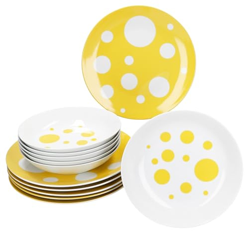 MamboCat Pula Service de table jaune 12 pièces I Vaisselle en porcelaine blanche à pois pour 6 personnes I 6 assiettes creuses & 6 assiettes plates pour petit-déjeuner, déjeuner et dîner