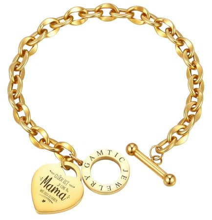 Gamtic Geschenke Mama Armband Damen - Edelstahl Vergoldet Herz Charm Armband Damen mit Gravur, Elegant Kettenarmbänder mit OT Schnalle, Schmuck für Mama, Muttertag Geburtstags Weihnachten Geschenk