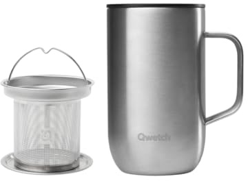 QWETCH - Mug Isotherme Inox Recyclé avec Anse & Filtre Infuseur Inox Brossé - Tisanière Isotherme 470ml - Thermo Café & Thé - 6h Chaud & 12h Froid - Bouchon Coulissant Anti-Éclaboussures