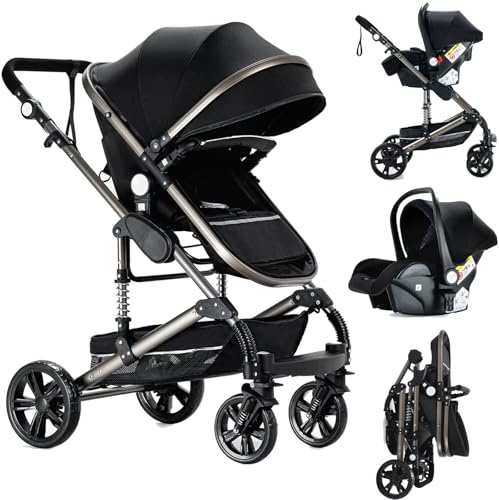 Reenborn Kinderwagen 3 in 1, Buggy mit Ein-Klick-Faltdesign, Kinderwagen mit Zwei Umkehrbaren Schiebemodi, Kombikinderwagen 3 in 1 Komplettset mit Rahmen Aluminiumlegierung (739 Black)