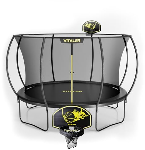 Vitaler Trampoline Outdoor 12FT with Basketball Hoop and Net Enclosure, Recreational Trampolines for Kids and Adults, Outdoor Backyard Trampoline with Anti-Rust Coated Frame, ASTM Approved