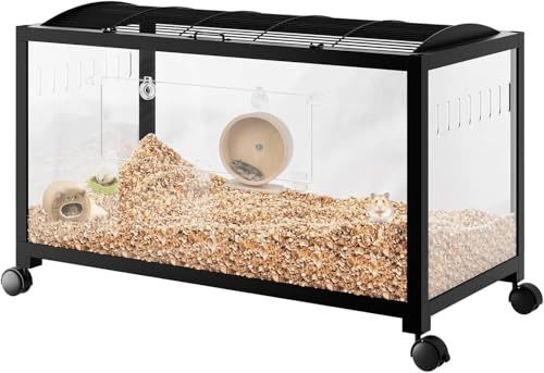 PortoAlegre Hamsterkäfig mit Rädern, Acrylseiten Rattenkäfig Nagerkäfig aus Metall, Stapelbar mit Zugang von oben, Belüfteter Haustier-Mäusekäfig mit Vordertür Hamsterhaus für Kleintiere Nager,Schwarz