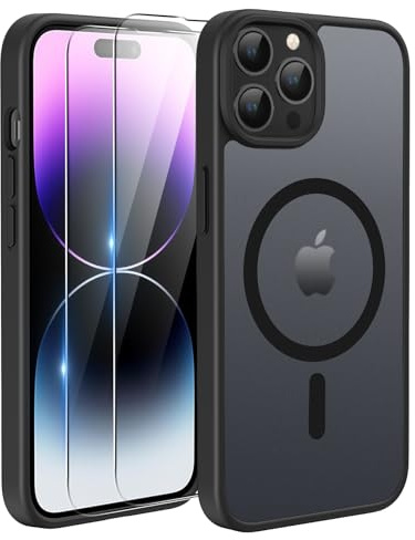 TQIAHF Magnetic Phone Case Cover for iPhone 14 Pro,Black | with 2 Tempered Glass Screen Protector Compatible with MagSafe Military Grade Shockproof Protective Slim Translucent Matte