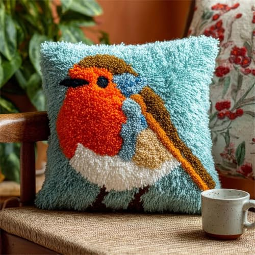 FWRTYCB Latch hook Kit Cojín Gancho de Pestillo Robin Christmas Bird Winter Alfombra almohada niños principiante DIY bordado Conjunto hecho mano Sofá artesanal Decoración hogarb 43x43cm, 1pcs