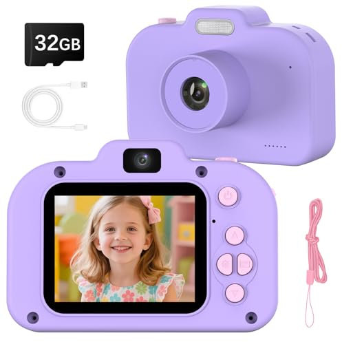 Kinderkamera,1080P HD Kinder Kamera mit Dual-Linse, 2,0 Digitalkamera Kinder mit 32GB-Karte, Geschenke für Geburtstag Weihnachten, Spielzeug für Mädchen Jungen 3 4 5 6 7 8 9 10 11 12(Lila)