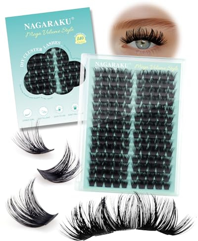 NAGARAKU Gör-det-själv ögonfransgrupper, 140 st, mega-volym, dramatisk effekt, fluffig ögonfranskluster, tunt band, mjuk, återanvändbar för nybörjarlook, vardag, Lash 14 rader (mega volym 0,07 mm C 10
