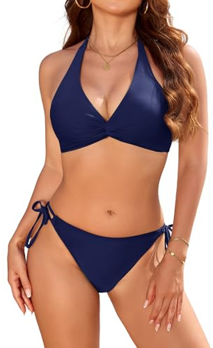 Nadeer Tvådelad Push Up Bikini Dam Baddräkt Vridning Front V-Halter Badkläder Rygglösa Badkläder Låg Midja Sida Dragsko, Marinblå, M