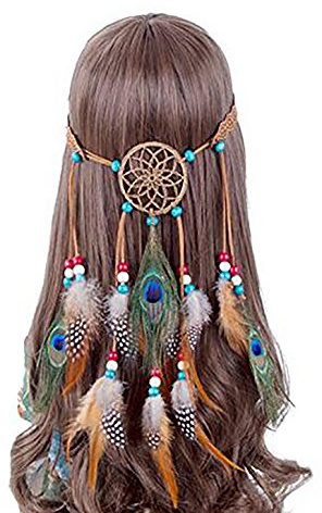 Haarband mit Pfauenfedern, Traumfänger-Kopfschmuck, Hippie-Kopfschmuck, handgefertigt, indischer Fascinator, Feder-Haarband, Haarschmuck