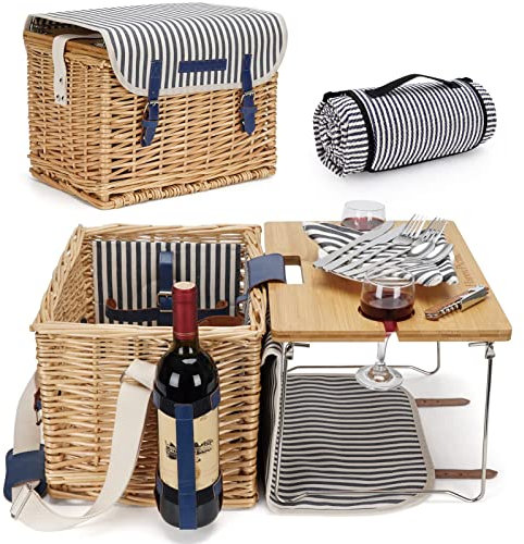 Wicker Picknickkorb für 2, 2 Personen Picknick-Set, Willow Hamper Service Geschenkset mit Bambus Weintisch für Camping und Party im Freien MEHRWEG