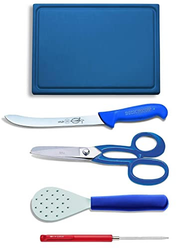 Dick Anglerbedarf Zubehör Set 5 teilig inkl. Fischfiliermesser & Schupper & Flossenschere & Schneidbrett 26.5 x 32.5 cm