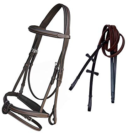 Exion Comfort Soft Lined Snaffle Hunter Jumping Bridle with Detachable Flash & Rubber Reins | Anatomical English Bridle for Horses (Choco Brown, Pony)