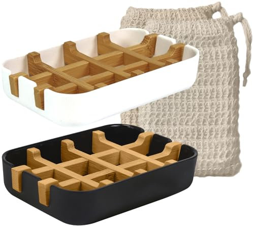 EDARTO® 2 Seifenschalen nachhaltig, umweltfreundlich aus Natur-Bambus-Holz und Maisstärke mit Abtropfschale +2 x Sisal Seifensäckchen/Seifenbeutel