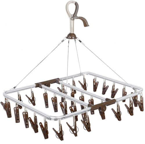 ANVINKU Sock Dryer, Aluminum 32 Pegs Sock Hanger for Washing Line | Folding Clothes Drying Rack with Windproof Hook, Hanging Clothes Airer for Socks, Underwear, Baby Clothes & Hats (Dark Brown)