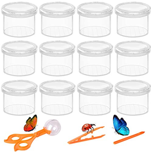 TOPJOWGA Becherlupen für Kinder, 12 Stück Lupendose Insektenbeobachtungsbox + 3 Stück Insektenfänger Pinzette, Insekten Viewer, Lupendose Transparent für Kinder Wissenschaft Natürliche Käfersammeln