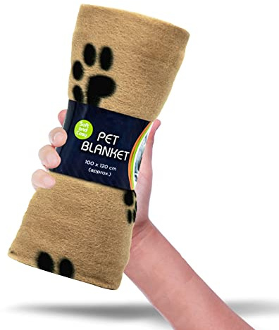 Weiche, warme Hunde-Fleece-Decke mit Pfotenabdrücken, für Katzen, Welpen und Hunde, waschbar, für Reisen (Beige, 100 x 120 cm, 1 Stück)