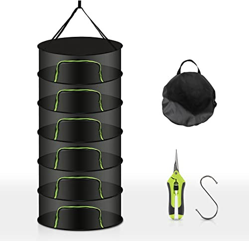 CPROSP Rete Essiccazione Erbe Aromatiche Sospeso Pieghevole, Rete Essiccazione Erbe φ 60 cm x H 120cm con Cerniere, Gancio, Borsa, Guanti da Giardinaggio, Forbici da Potatura, Stendino per Erbe