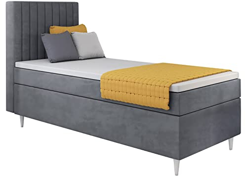 MartHome Boxspringbett Einzelbett mit Bettkasten Porto - Boxspringbett mit Bettkasten - Praktisches Bett, Polsterbett - Boxspringbetten Bonell Matratze - Bett mit Topper | Recht (Grau 182, 100x200cm)