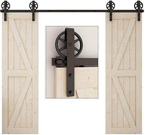 TSMST 489CM Schiebetürsystem Komplett Set für Schiebetüren Schwarz Schienen Kit Passend für Doppeltür aus Holz,Big Speichen Rad Roller
